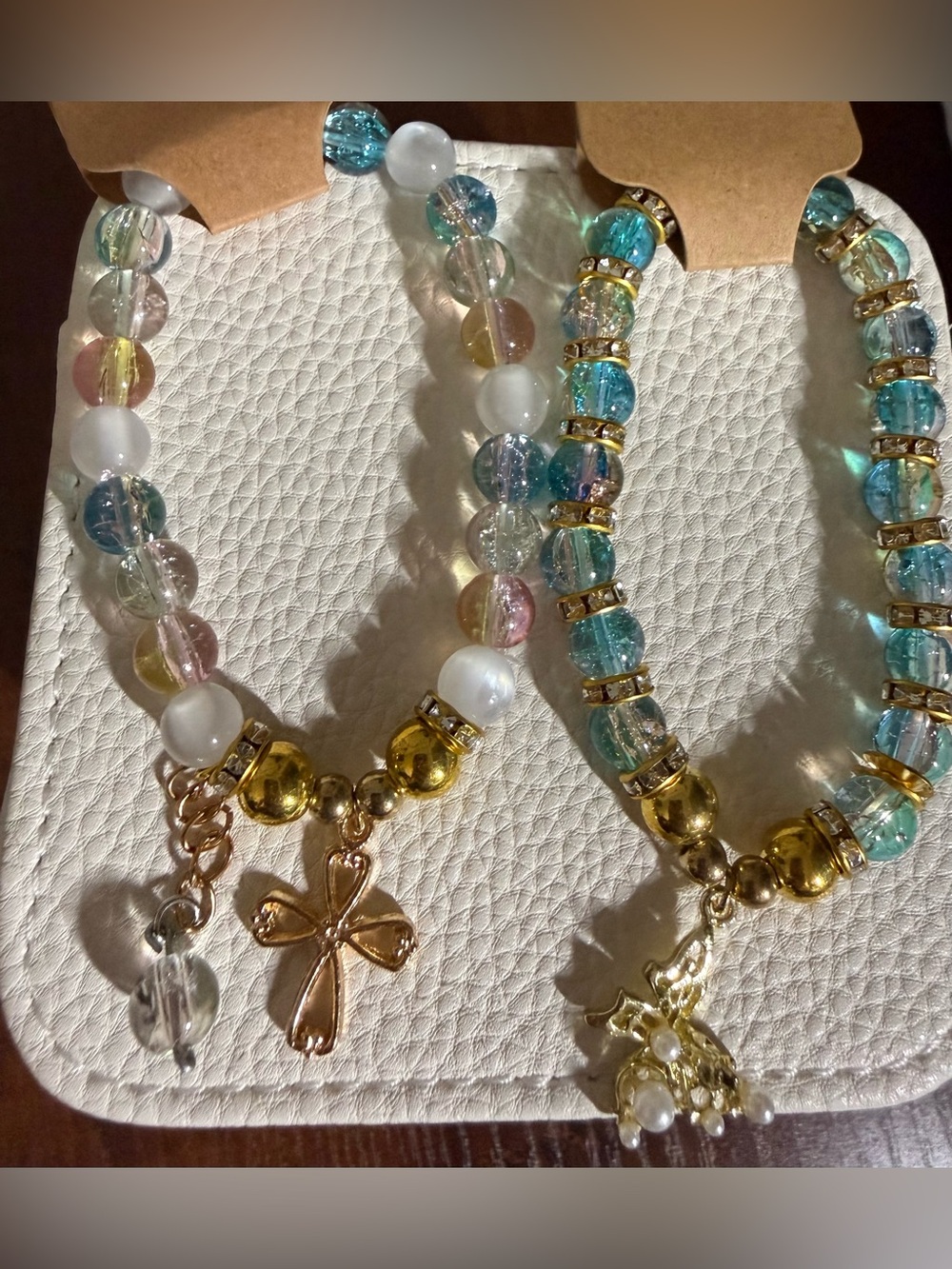 Gold-tone Beaded Charm Bracelets - set of 2 - Cross and Butterfly designs